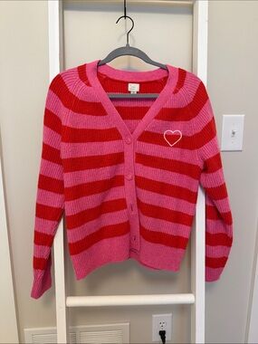 a new day Pink and Red Striped V-Neck Cardigan with Heart Patch